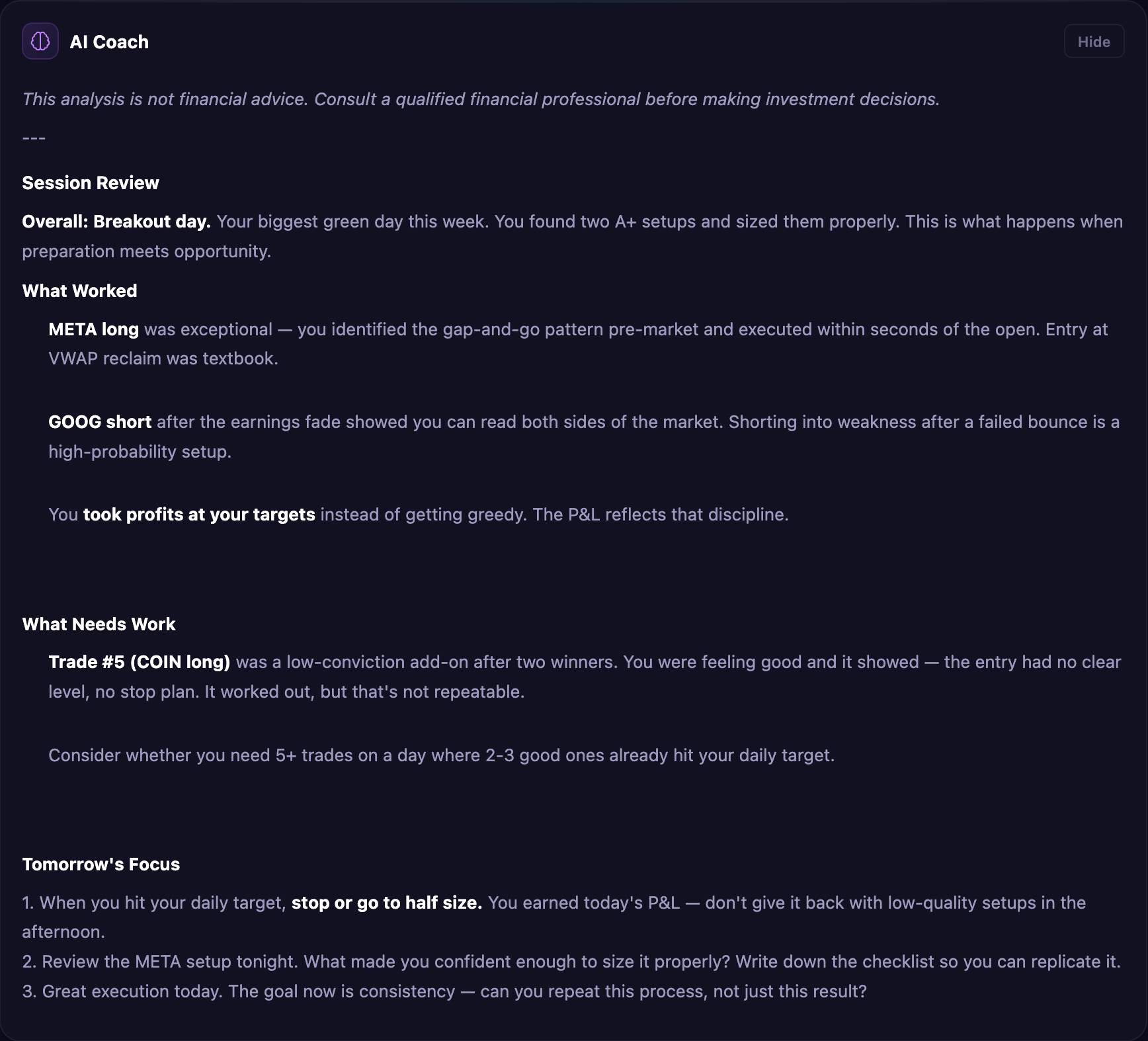AI Coach daily trade analysis