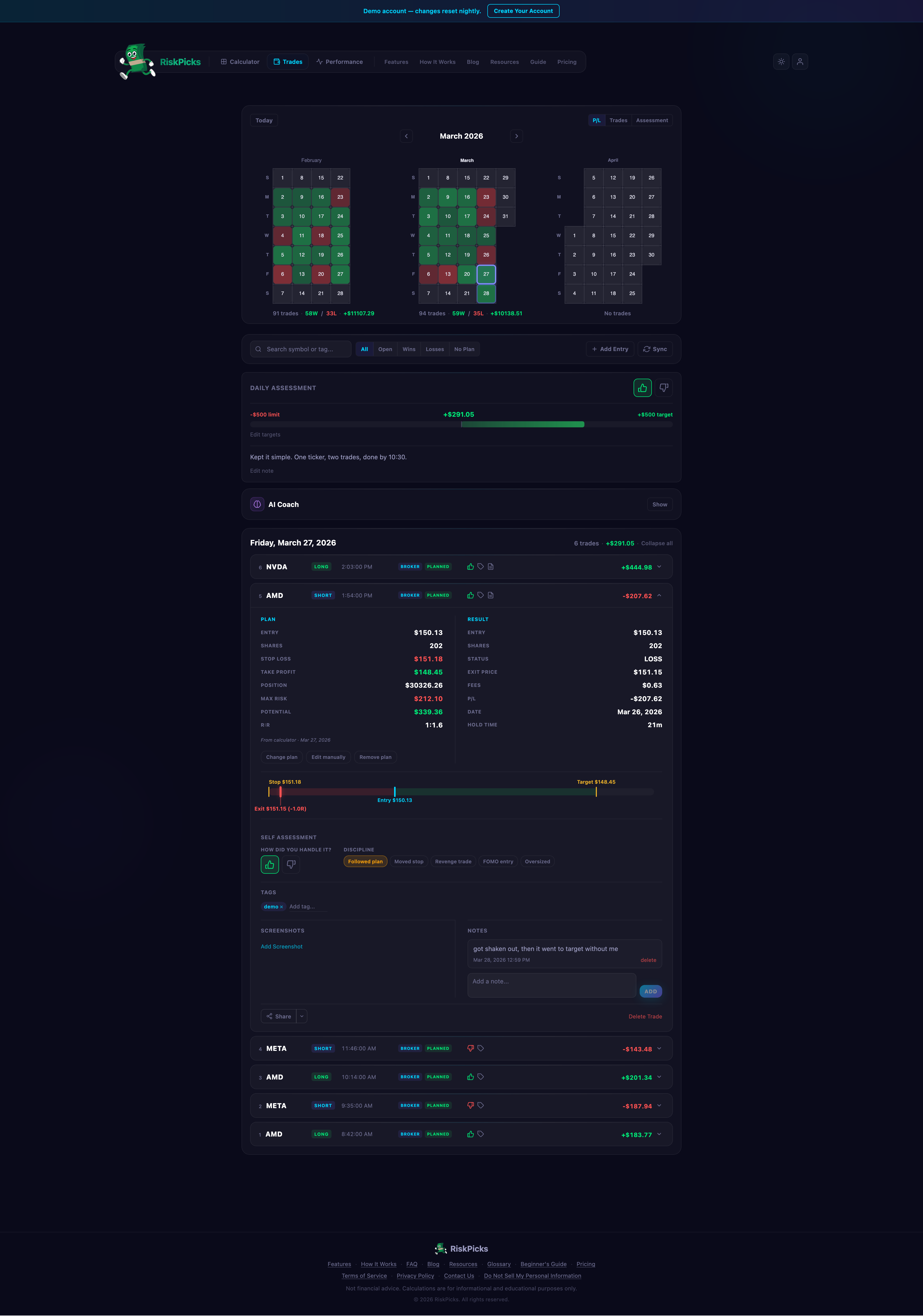 Trade journal with calendar heatmap